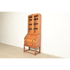 Antique English Art Deco Carved Oak Drop Front Secretary Desk W/ Bookcase Hutch