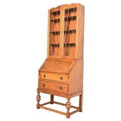 Antique English Art Deco Carved Oak Drop Front Secretary Desk W/ Bookcase Hutch