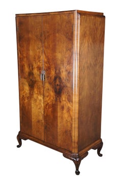 Antique English Art Deco Matchbook Walnut Armoire Wardrobe Chifforobe Cabinet