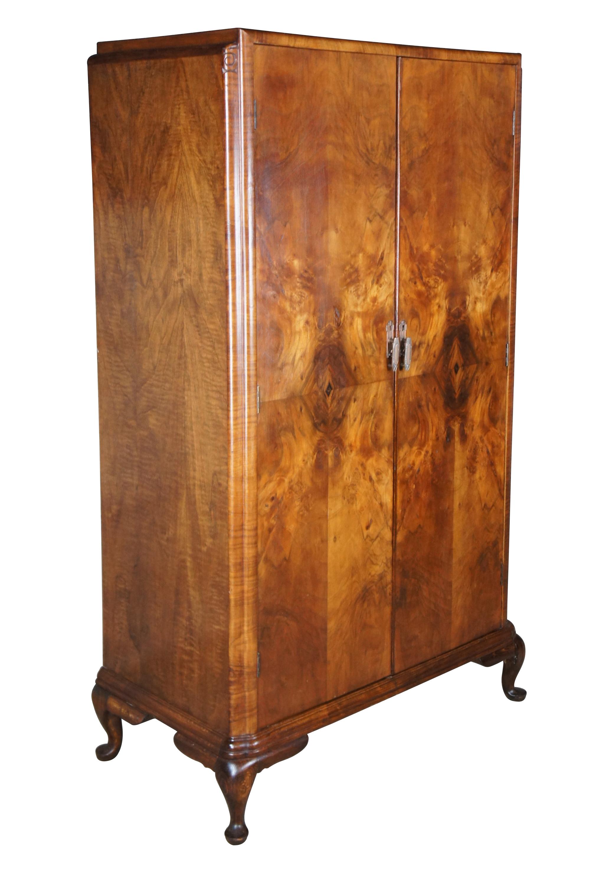 Antique English Art Deco Matchbook Walnut Armoire Wardrobe Chifforobe Cabinet In Good Condition In Dayton, OH