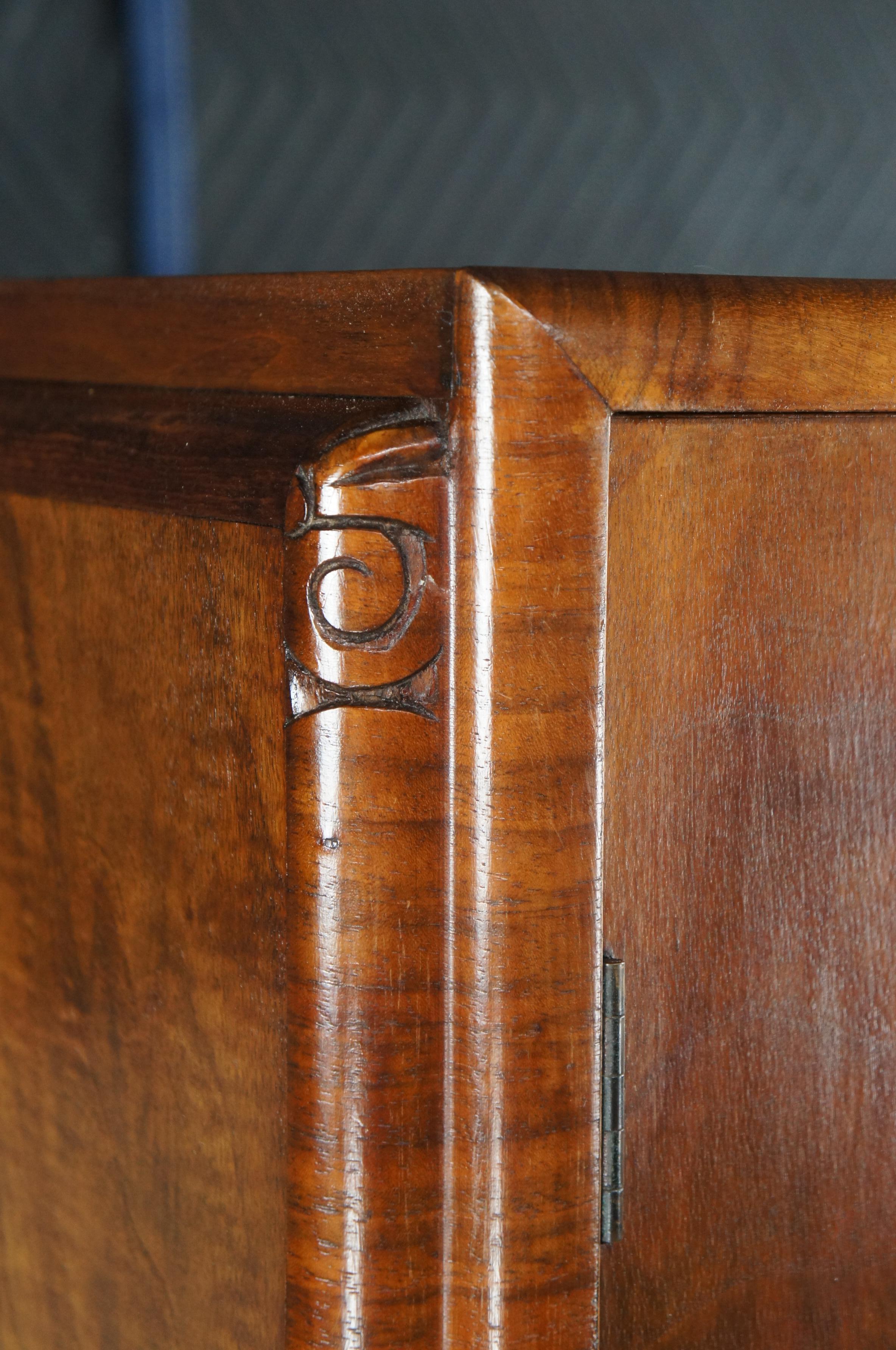 Antique English Art Deco Matchbook Walnut Armoire Wardrobe Chifforobe Cabinet 5