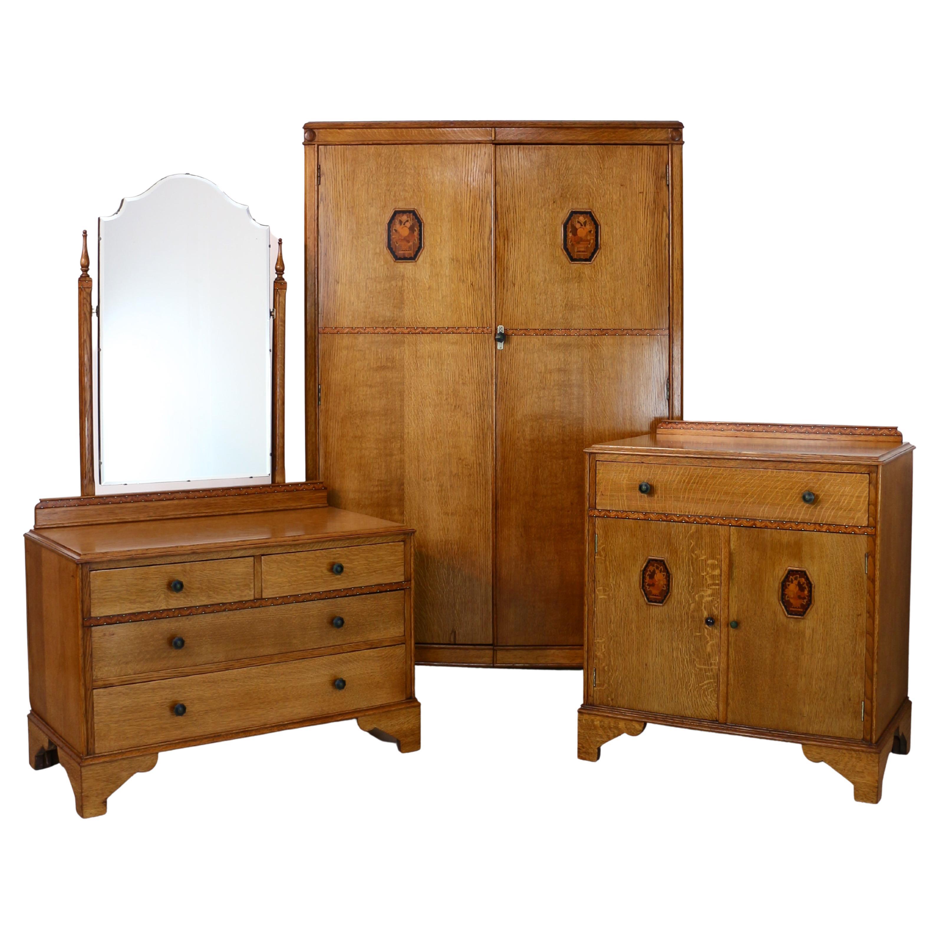 Antique English Art Deco Oak & Marquetry Bedroom Suite Attributed to Gaylayde