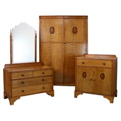 Vintage English Art Deco Oak & Marquetry Bedroom Suite Attributed to Gaylayde