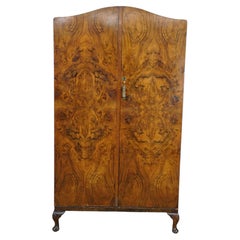 Antique English Art Deco Queen Anne Style Burr Walnut Armoire Wardrobe Closet