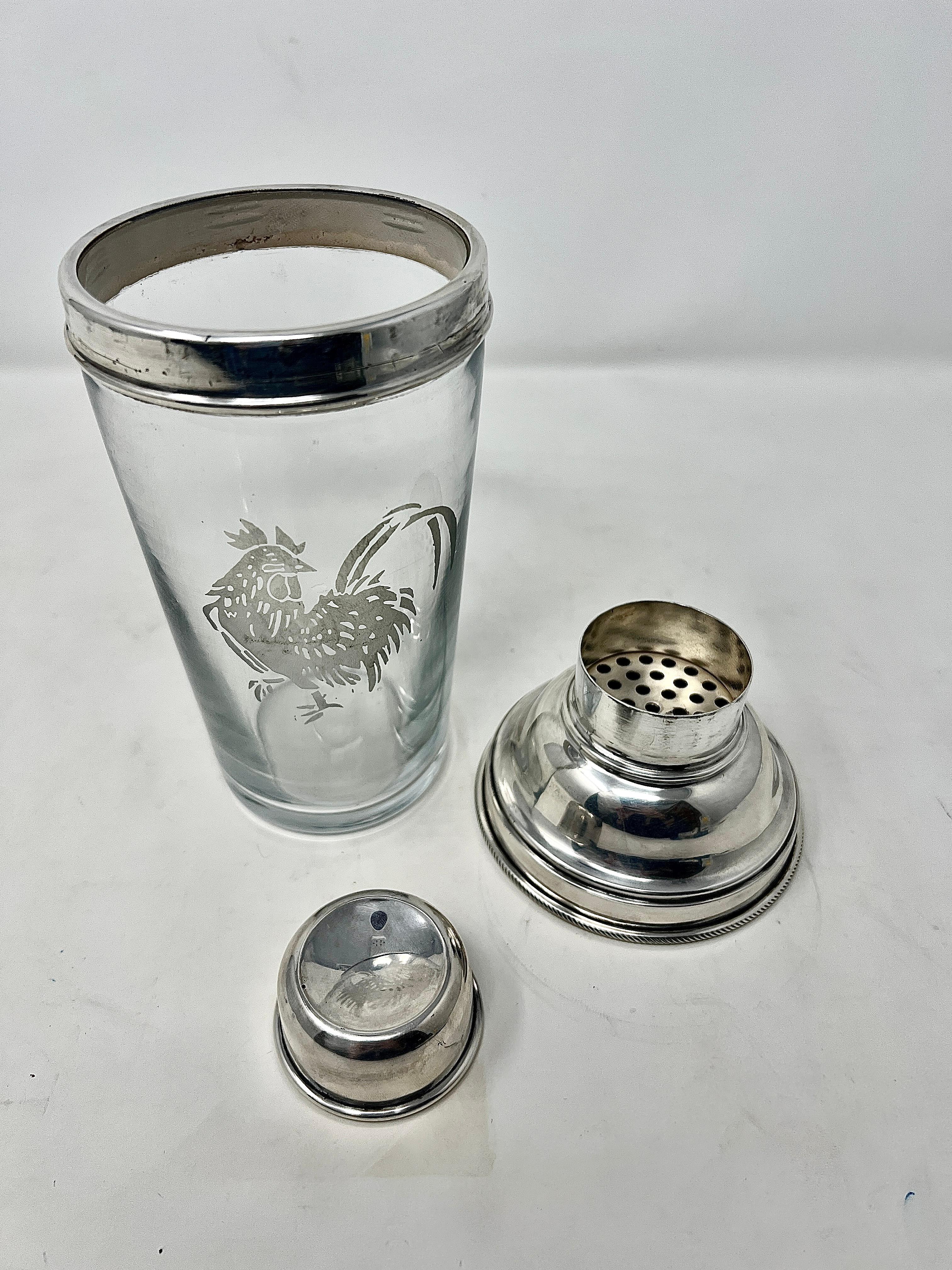 Antique English Art Deco Silver Plate & Etched Glass Rooster Cocktail Shaker, Circa 1920's.