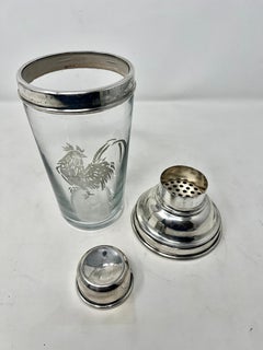 Antique English Art Deco Silver Plate & Etched Glass Rooster Cocktail Shaker.