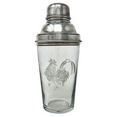 Antique English Art Deco Silver Plate & Etched Glass Rooster Cocktail Shaker.