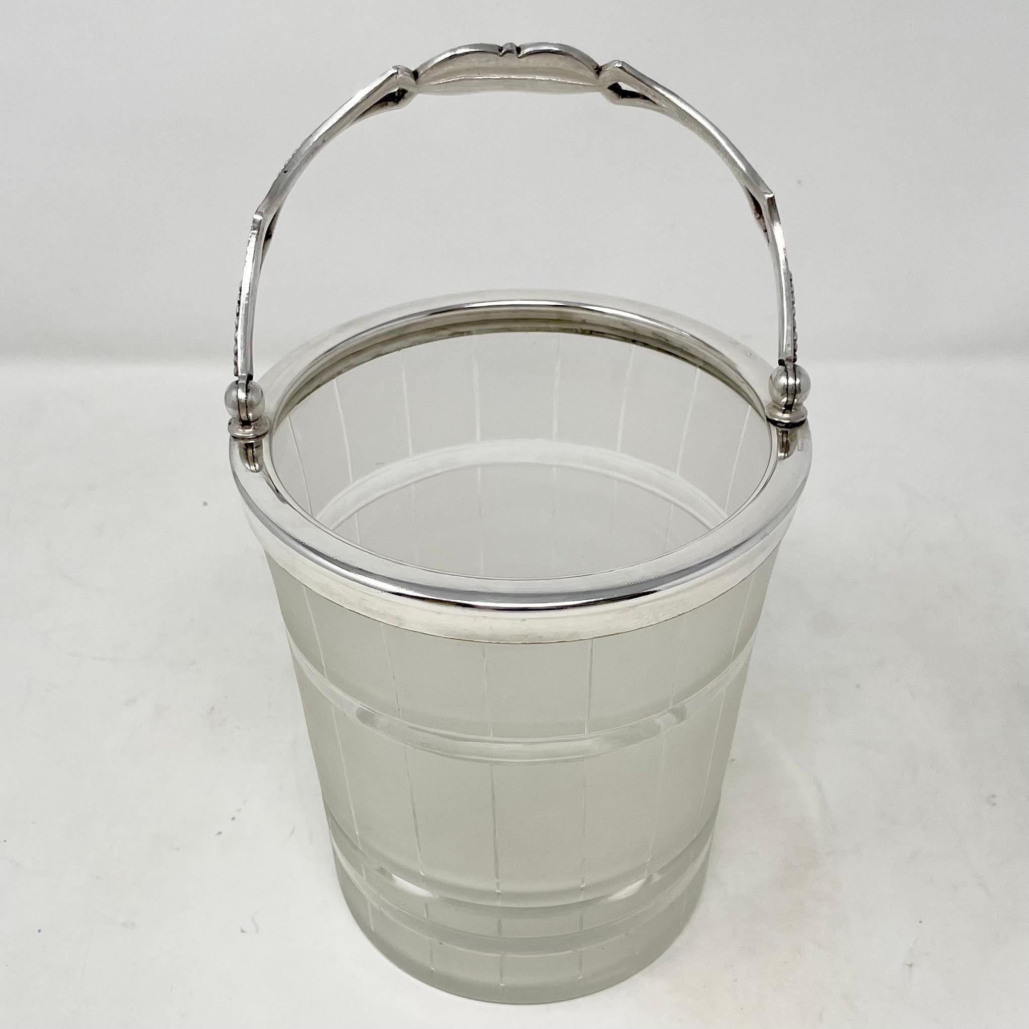 Small Antique English Art Deco Silver-Plate & Frosted Glass Ice Bucket, Circa 1920-1930.