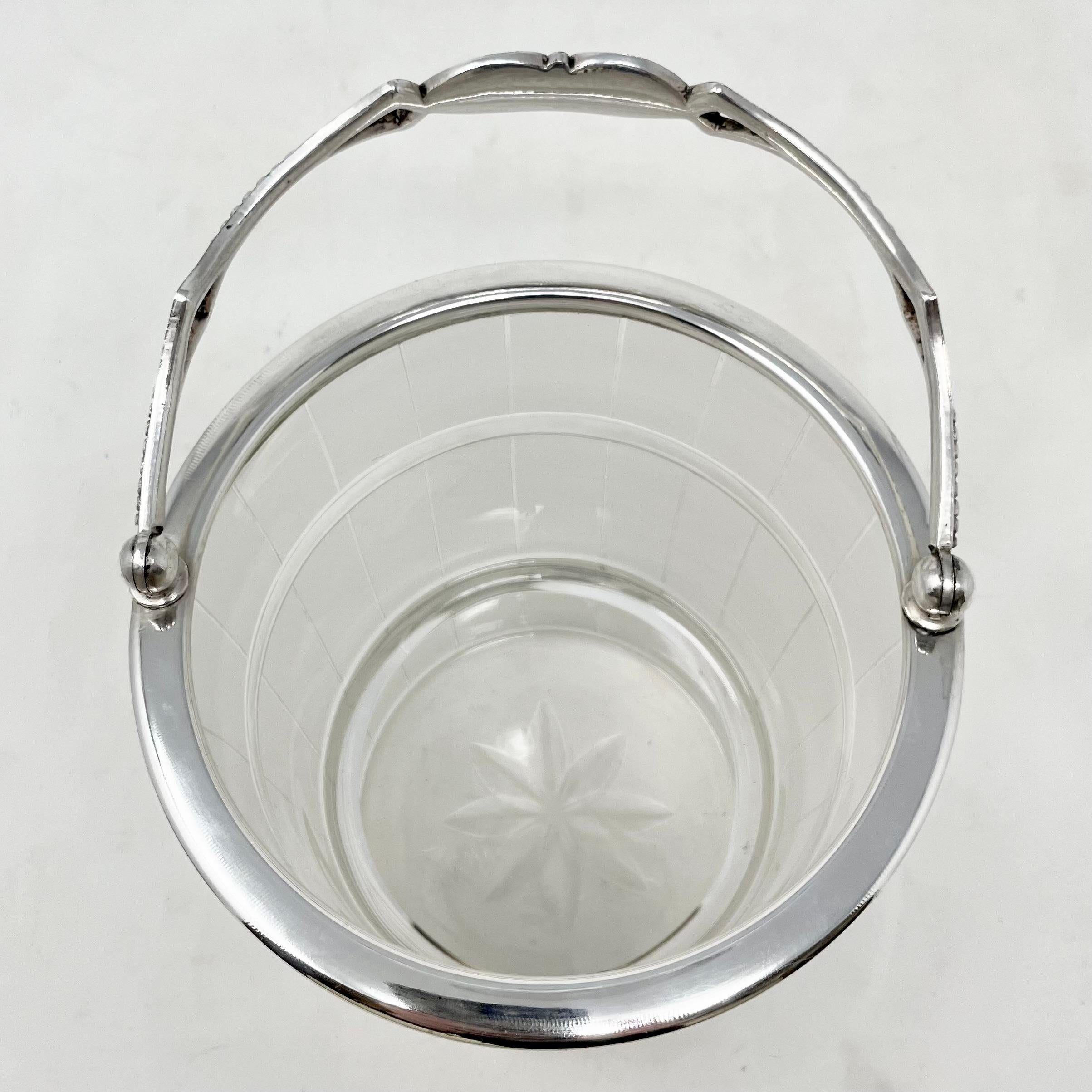 20th Century Antique English Art Deco Silver-Plate & Frosted Glass Ice Bucket, Ca 1920-1930.