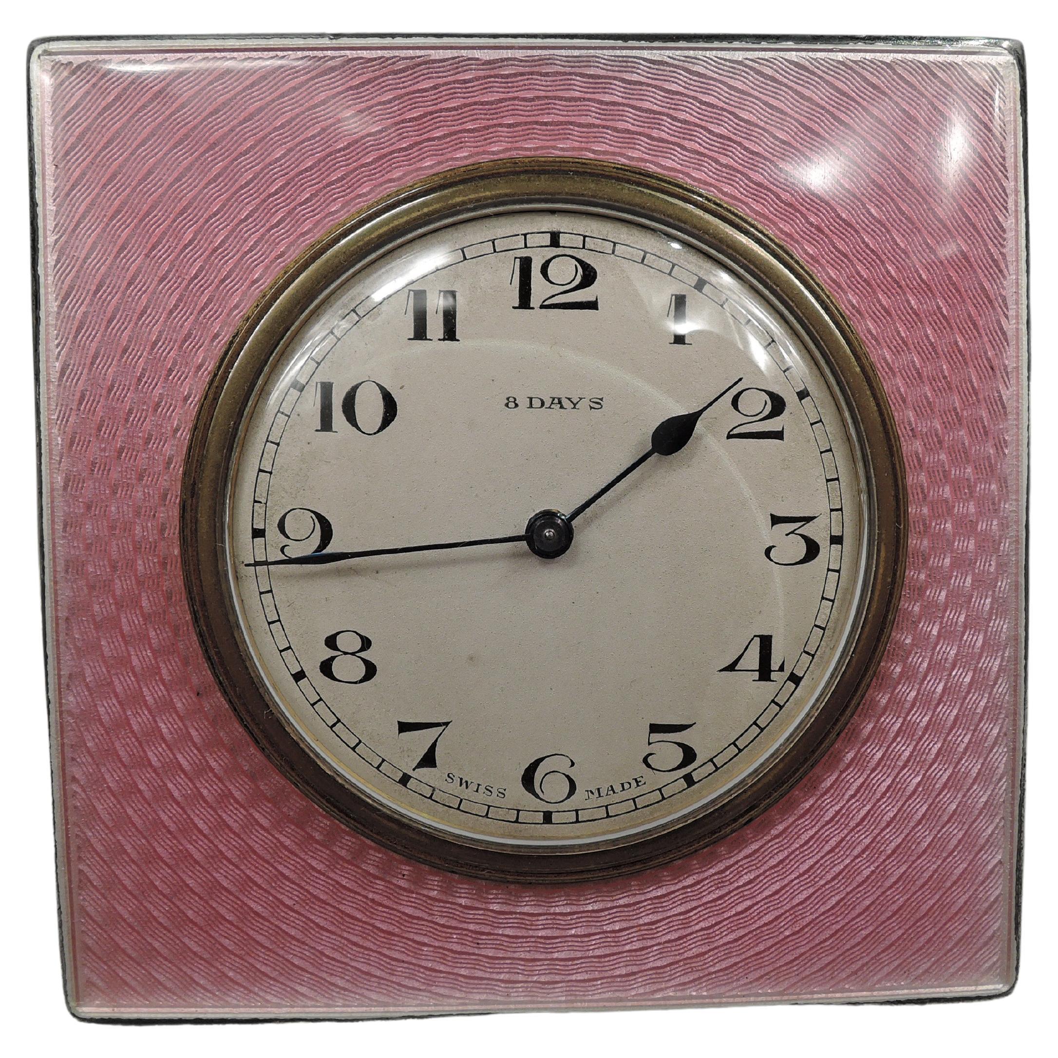 Antique English Art Deco Sterling Silver & Pink Enamel Desk Clock