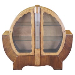 Antique English Art Deco Walnut & Maple China Display Cabinet Curio Bookcase Bar