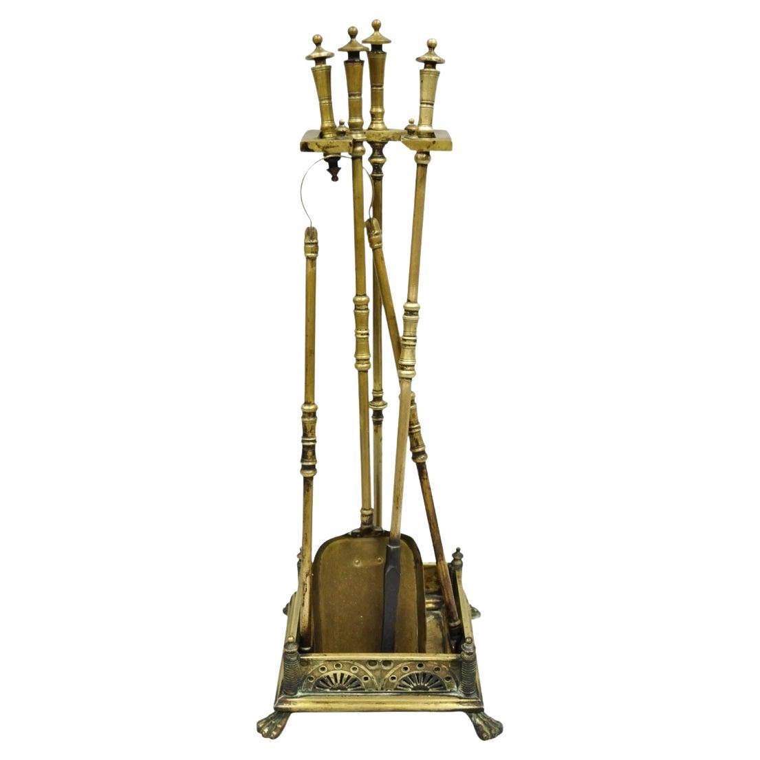 Antique English Art Nouveau Brass Paw Foot Fireplace Tool Set - 4 Pc Set