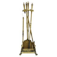 Antique English Art Nouveau Brass Paw Foot Fireplace Tool Set - 4 Pc Set