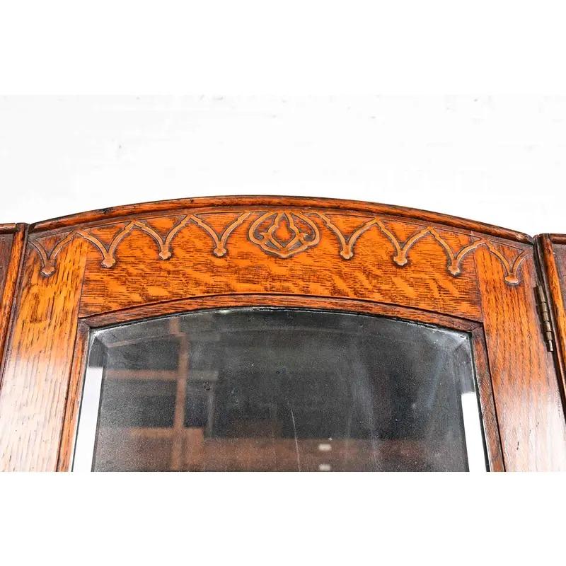 Antique English Art Nouveau Carved Oak Mirrored Armoire, Circa 1920s For Sale 8