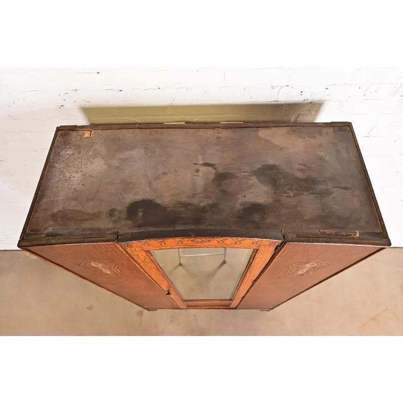 Antique English Art Nouveau Carved Oak Mirrored Armoire, Circa 1920s For Sale 9