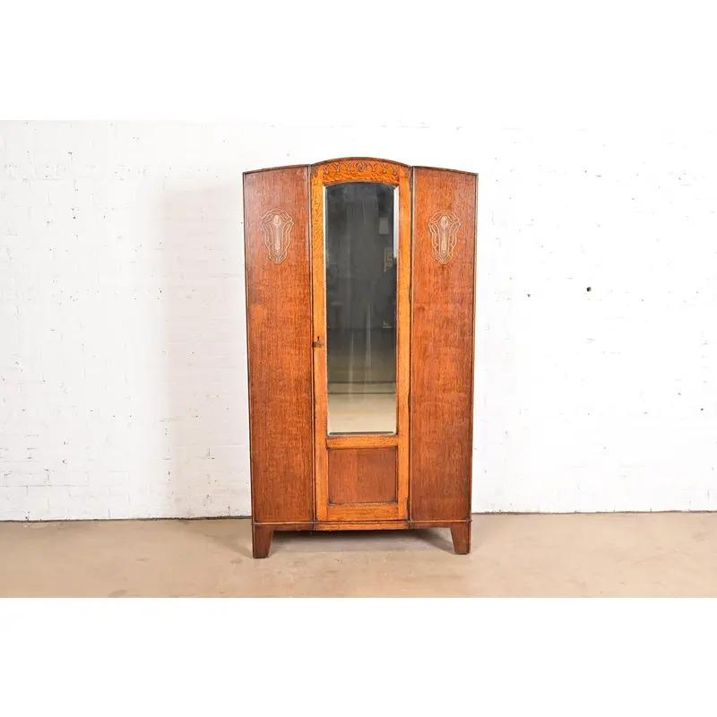 Antique English Art Nouveau Carved Oak Mirrored Armoire, Circa 1920s In Good Condition For Sale In South Bend, IN