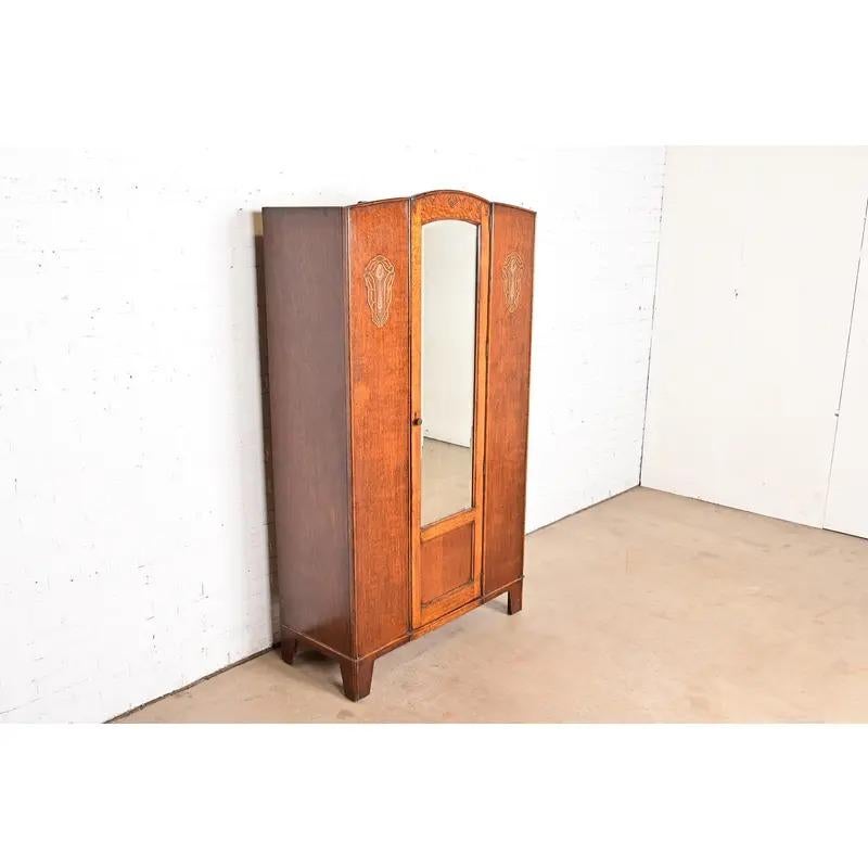Antique English Art Nouveau Carved Oak Mirrored Armoire, Circa 1920s For Sale 1