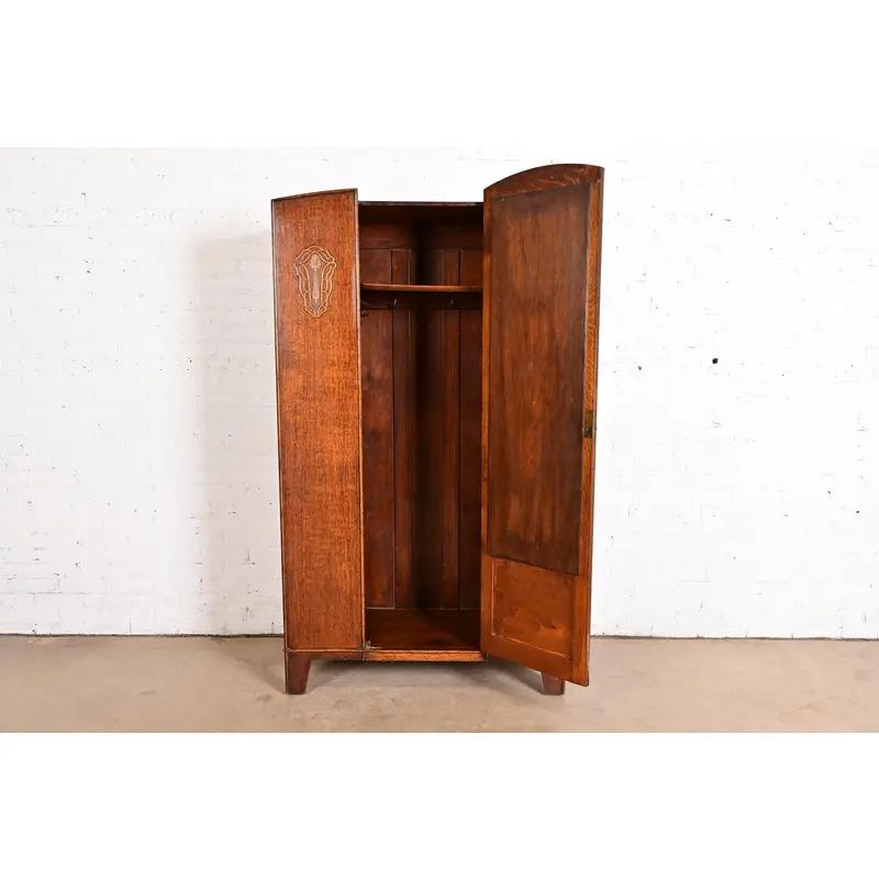 Antique English Art Nouveau Carved Oak Mirrored Armoire, Circa 1920s For Sale 2