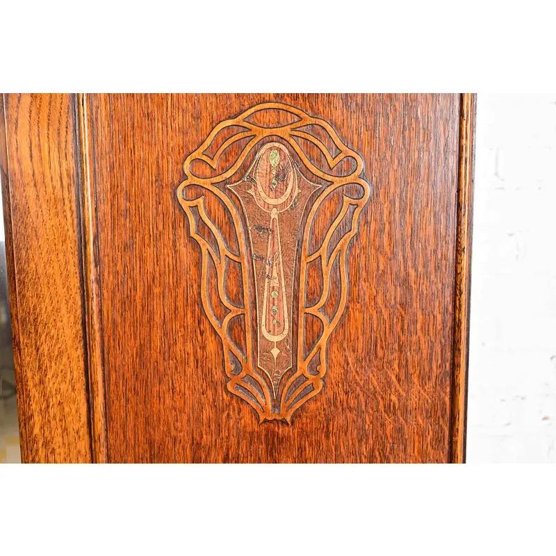 Antique English Art Nouveau Carved Oak Mirrored Armoire, Circa 1920s For Sale 5