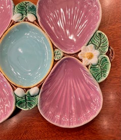 Antique English Art Nouveau Majolica "Shells & Pond Lily" Oyster Plate, Ca 1890