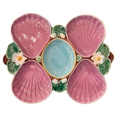 Antique English Art Nouveau Majolica "Shells & Pond Lily" Oyster Plate, Ca 1890