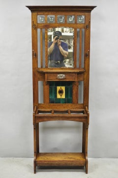 Antique English Art Nouveau Oak & Green Tile Coat Rack Umbrella Stand Hall Tree