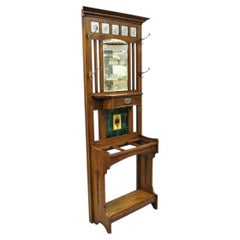 Antique English Art Nouveau Oak & Green Tile Coat Rack Umbrella Stand Hall Tree