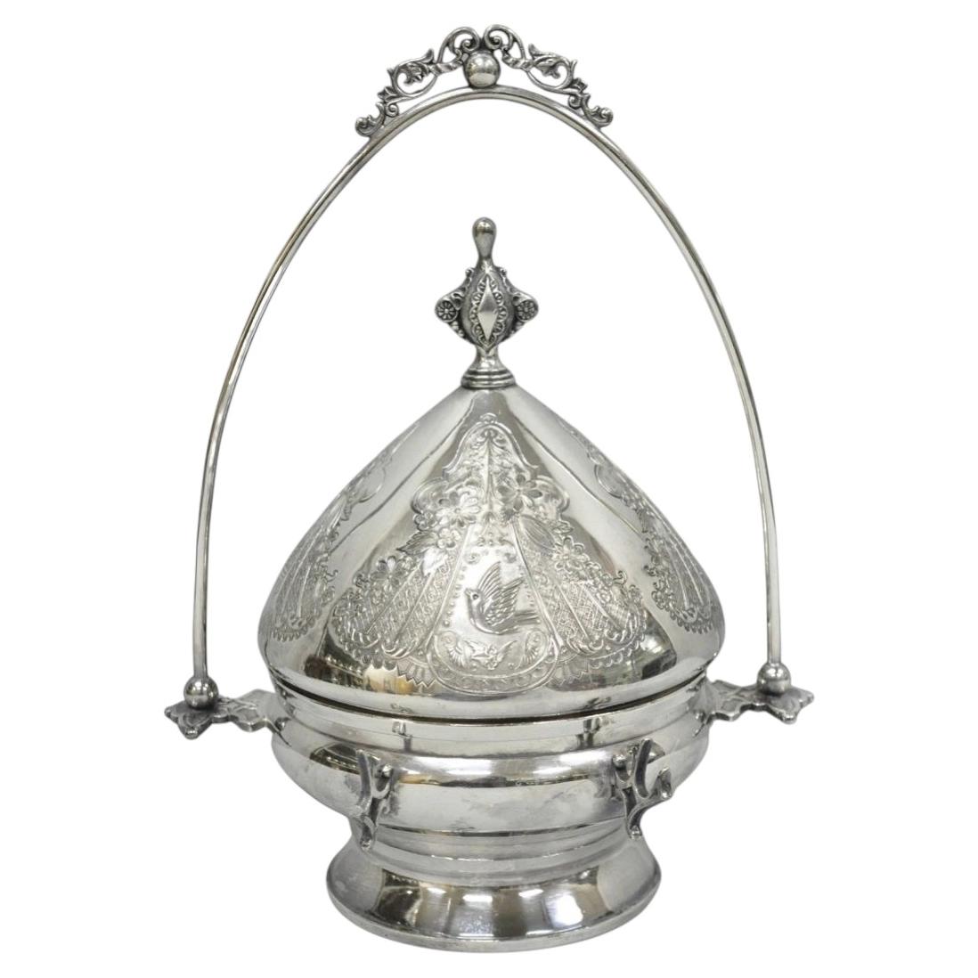 Antique English Art Nouveau Silver Plated Covered Butter Serving Dish w / Birds