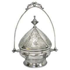 Antique English Art Nouveau Silver Plated Covered Butter Serving Dish w / Birds