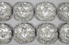 Antique English Art Nouveau Silver Plated Floral Repousse Nut Dish Bowl Set of 8