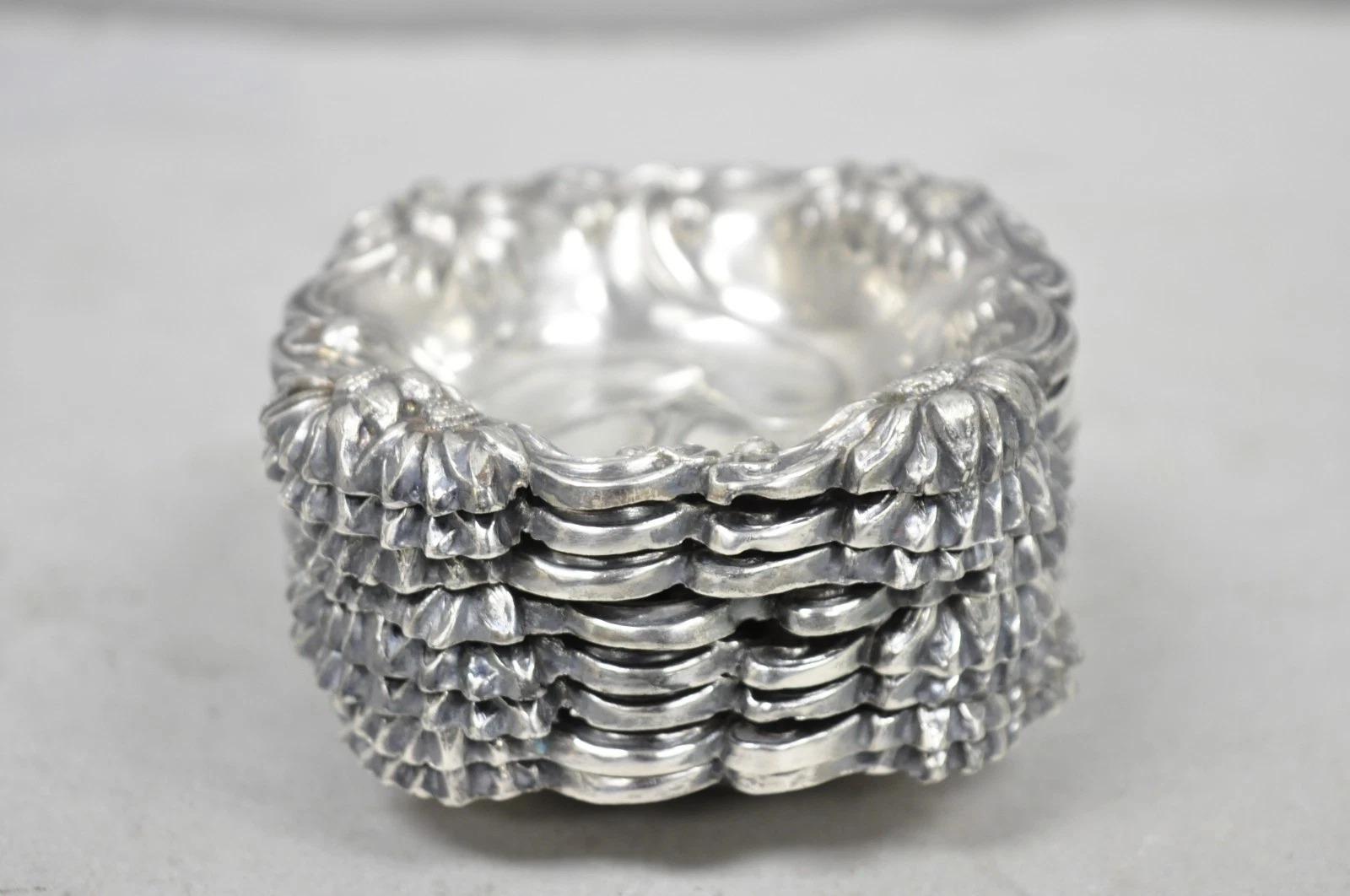 Antico Art Nouveau inglese placcato argento floreale Repousse Ciotola per noccioline Set di 8 in vendita 4