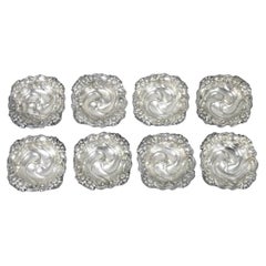 Antico Art Nouveau inglese placcato argento floreale Repousse Ciotola per noccioline Set di 8
