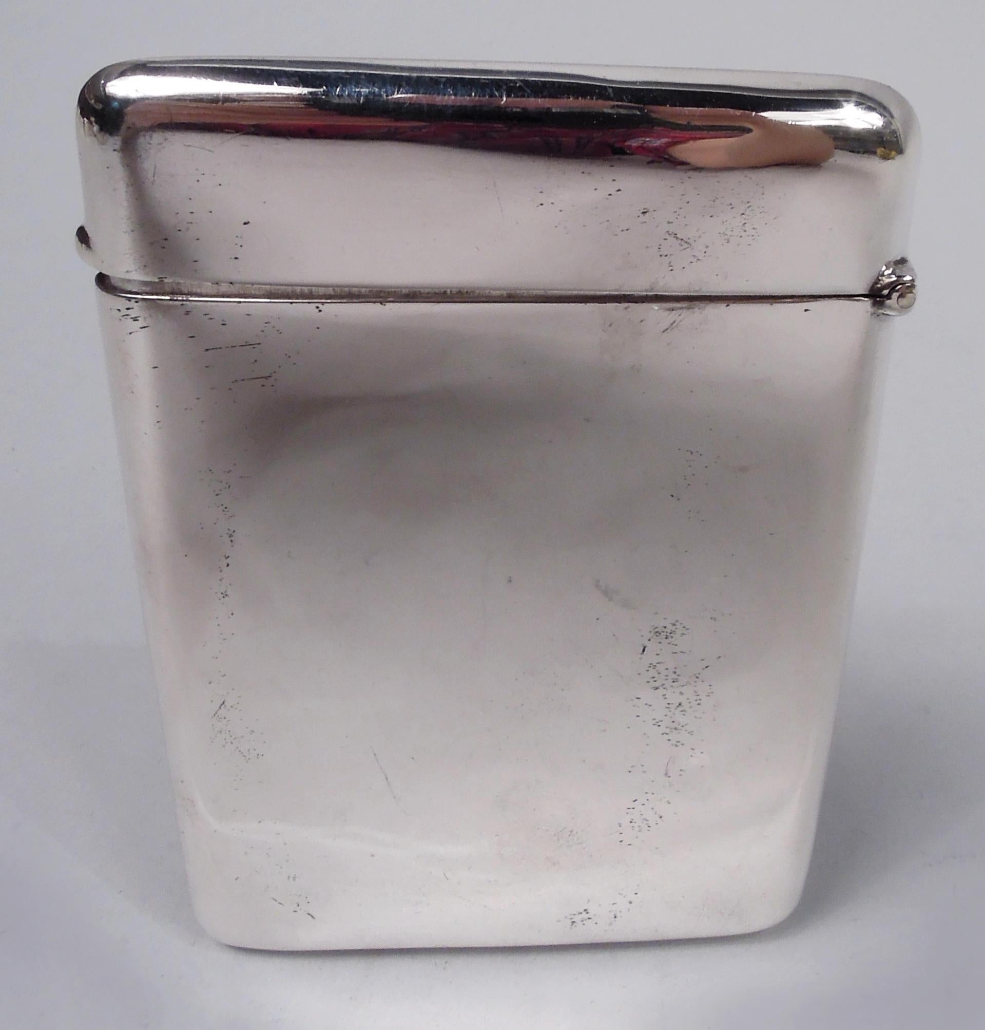 Edwardian Art Nouveau sterling silver card case. Made by Clark & Sewell in Birmingham in 1906. Rectangular with hinged cover and plain back. On front is one maiden with faraway look, one iris flower, two water lilies, and the sun in the act of