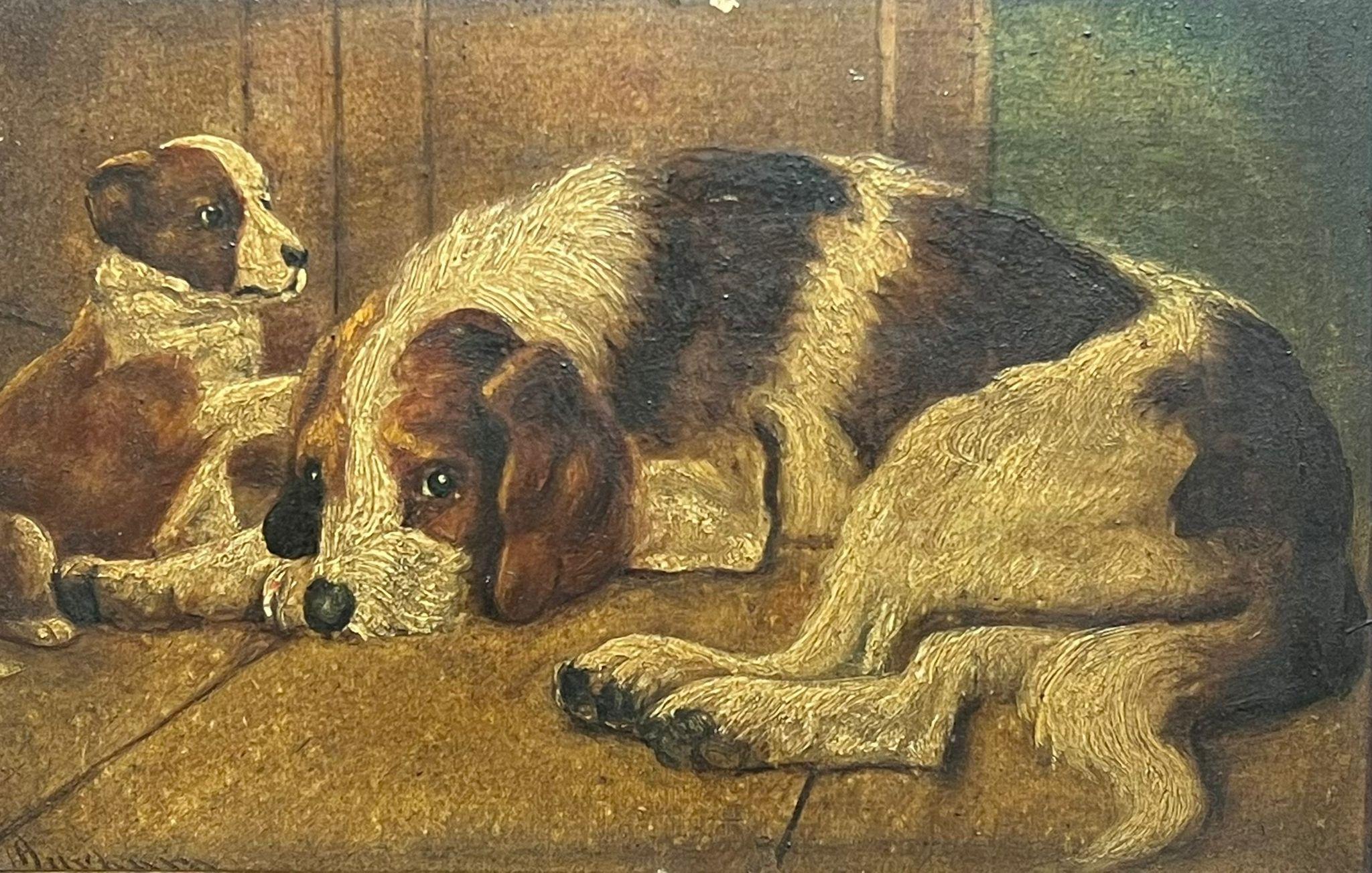 Pittura britannica del XIX secolo con cane Spaniel e il suo cucciolo, pavimento in pietra del fienile - Painting di Antique English artist