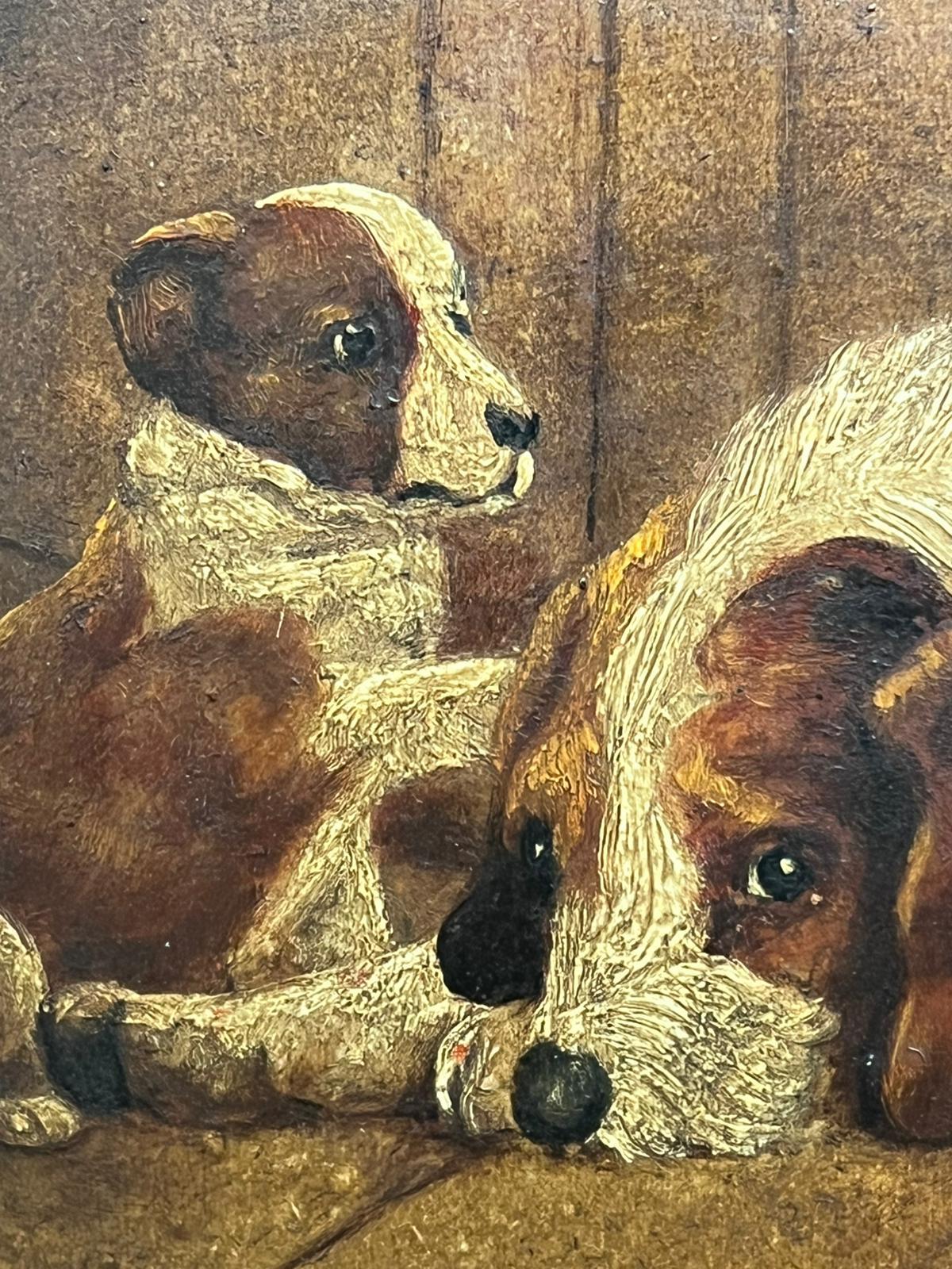 Pittura britannica del XIX secolo con cane Spaniel e il suo cucciolo, pavimento in pietra del fienile - Painting Vittoriano di Antique English artist
