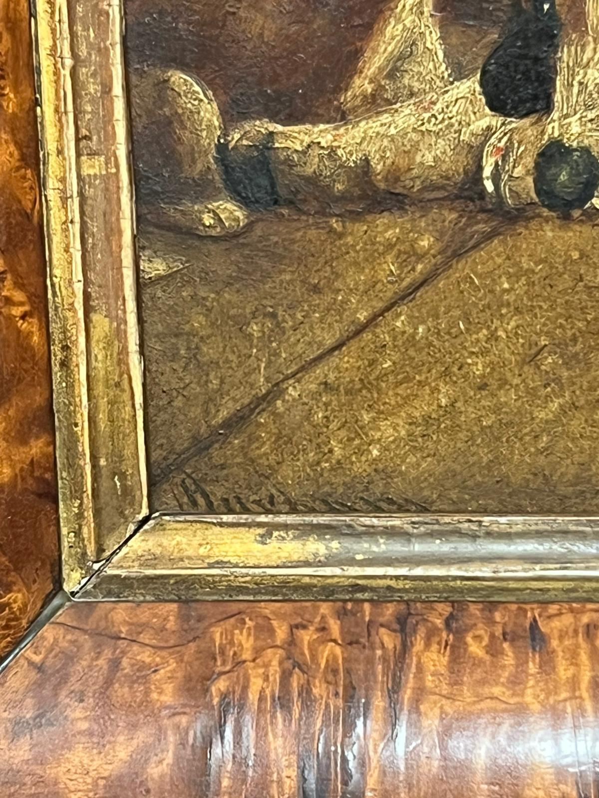 Pittura britannica del XIX secolo con cane Spaniel e il suo cucciolo, pavimento in pietra del fienile - Animal Painting Marrone di Antique English artist