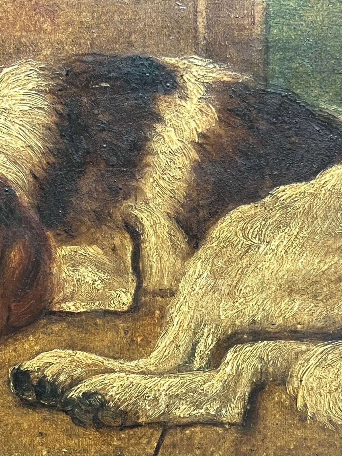Pittura britannica del XIX secolo con cane Spaniel e il suo cucciolo, pavimento in pietra del fienile in vendita 2