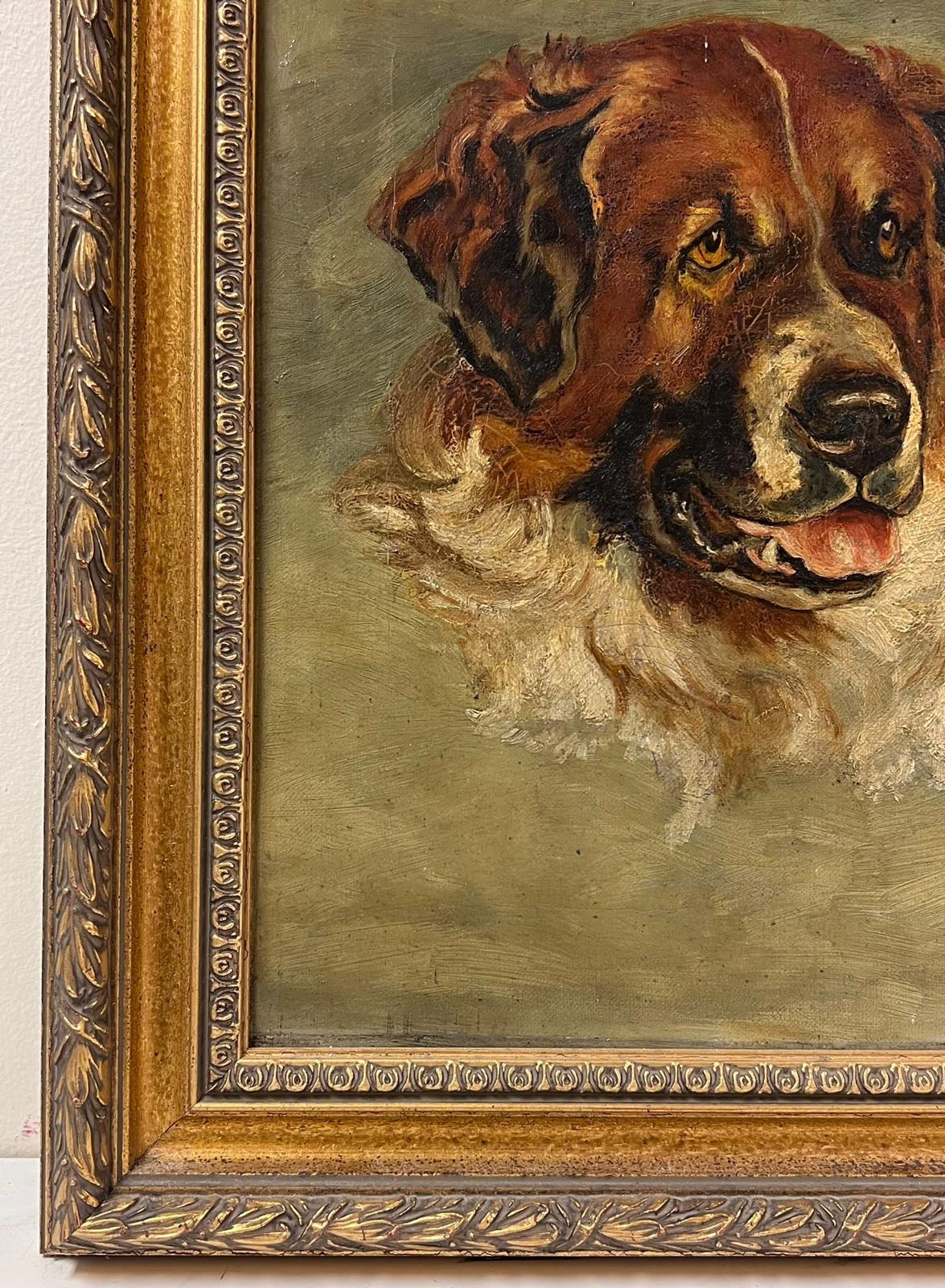 Kopfporträt eines Hundes St. Bernard? Antikes englisches Ölgemälde auf Leinwand (Braun), Portrait Painting, von Antique English artist