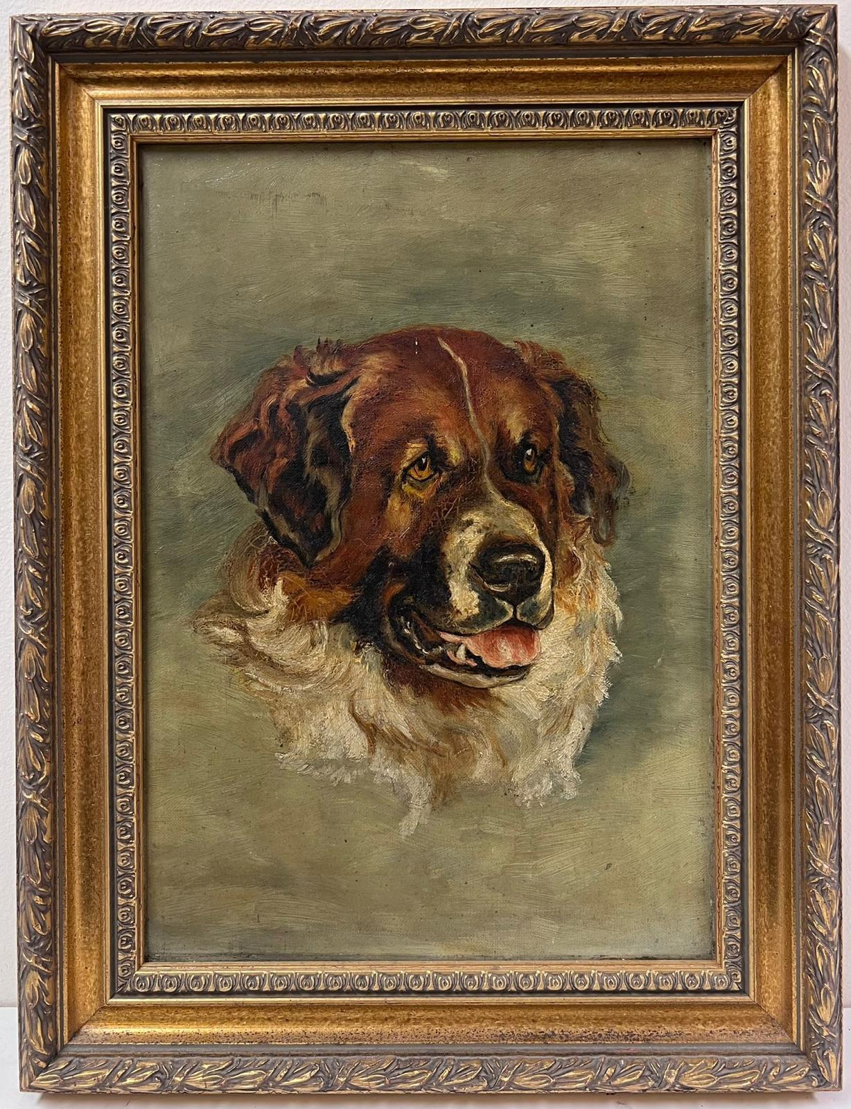 Antique English artist Portrait Painting - Head Portrait of a Dog St. Bernard? Antique English Oil Painting on Canvas