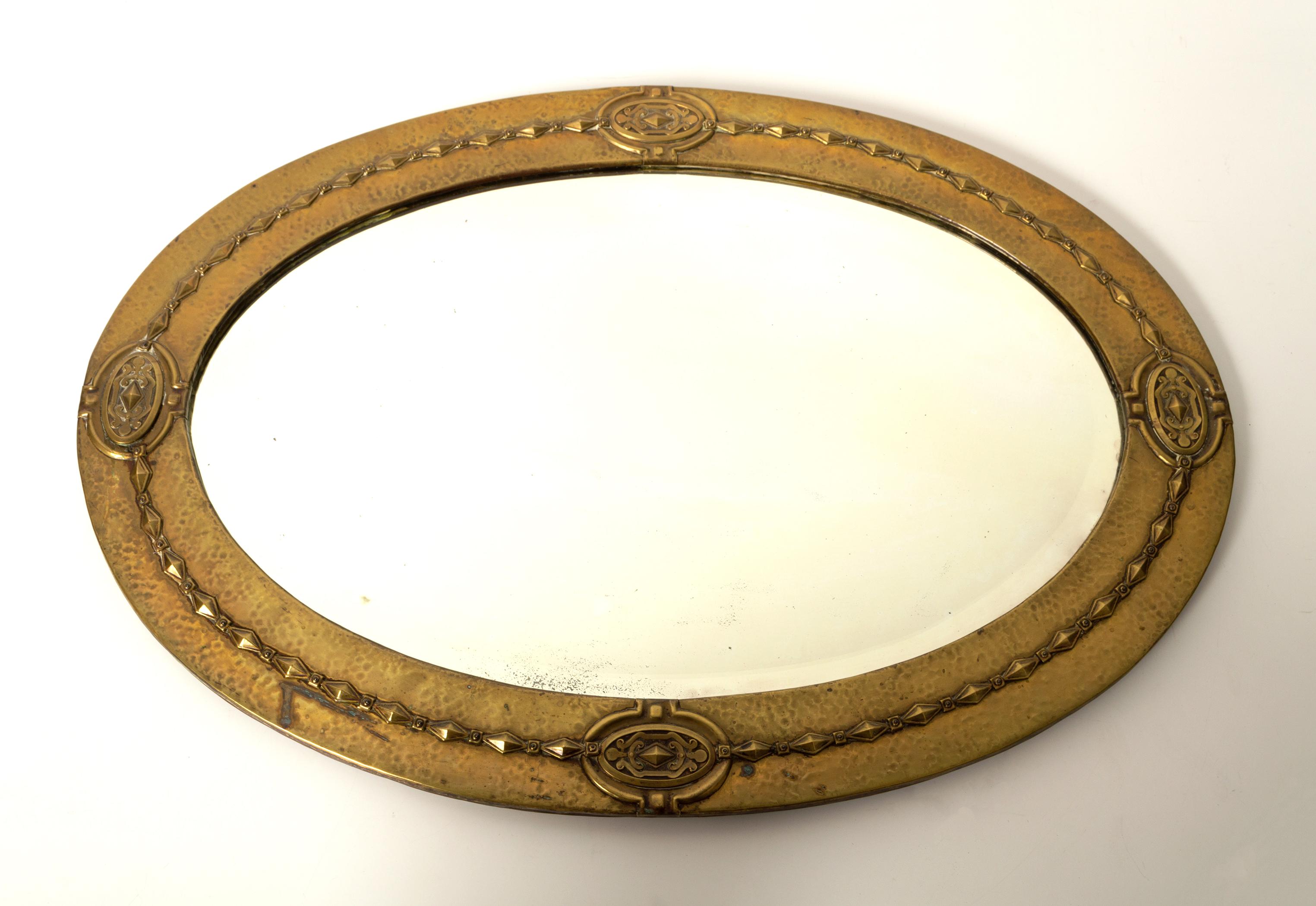 Antique English Arts And Crafts Liberty & Co Hammered Copper Oval Mirror C.1890 For Sale 3