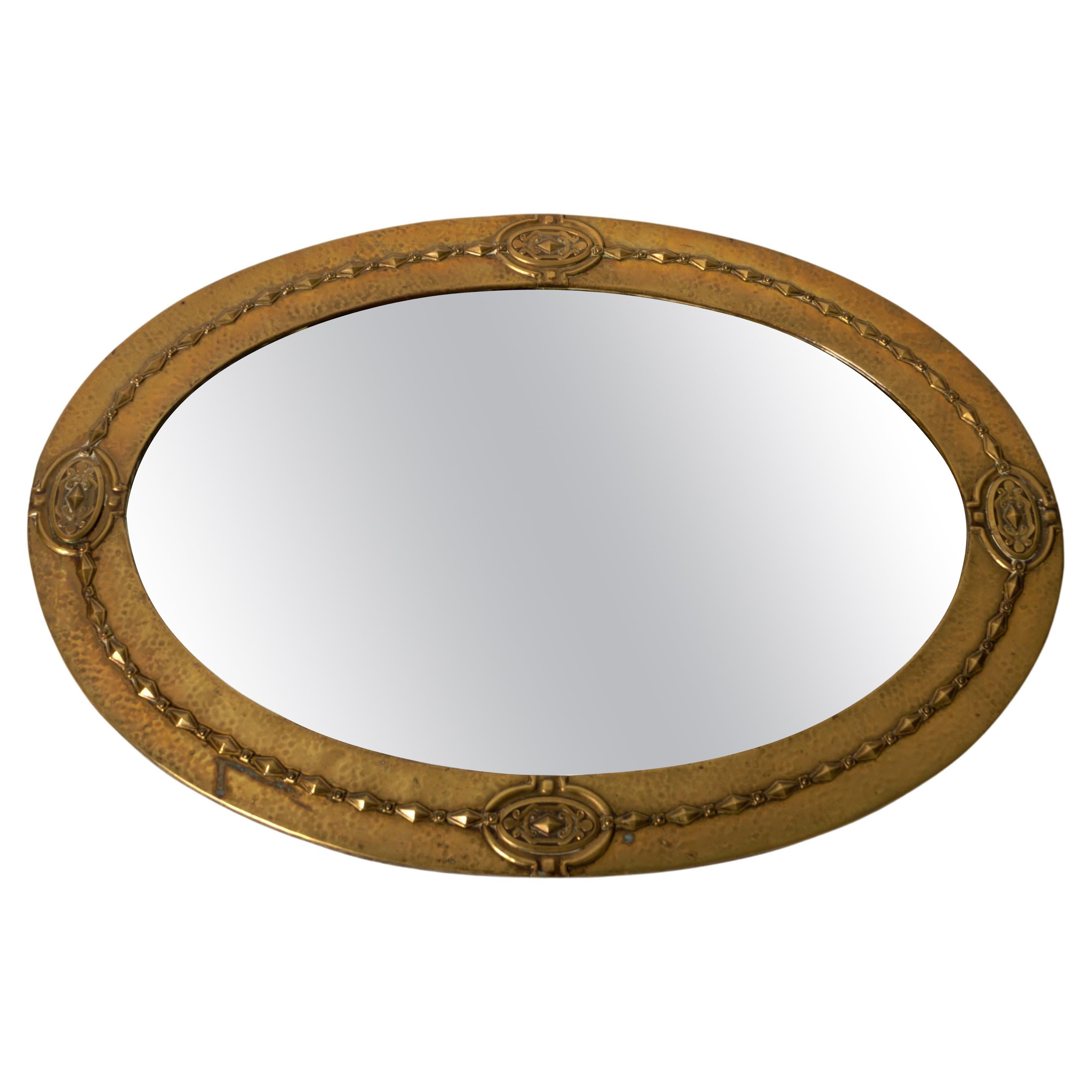 Antique English Arts And Crafts Liberty & Co Hammered Copper Oval Mirror C.1890