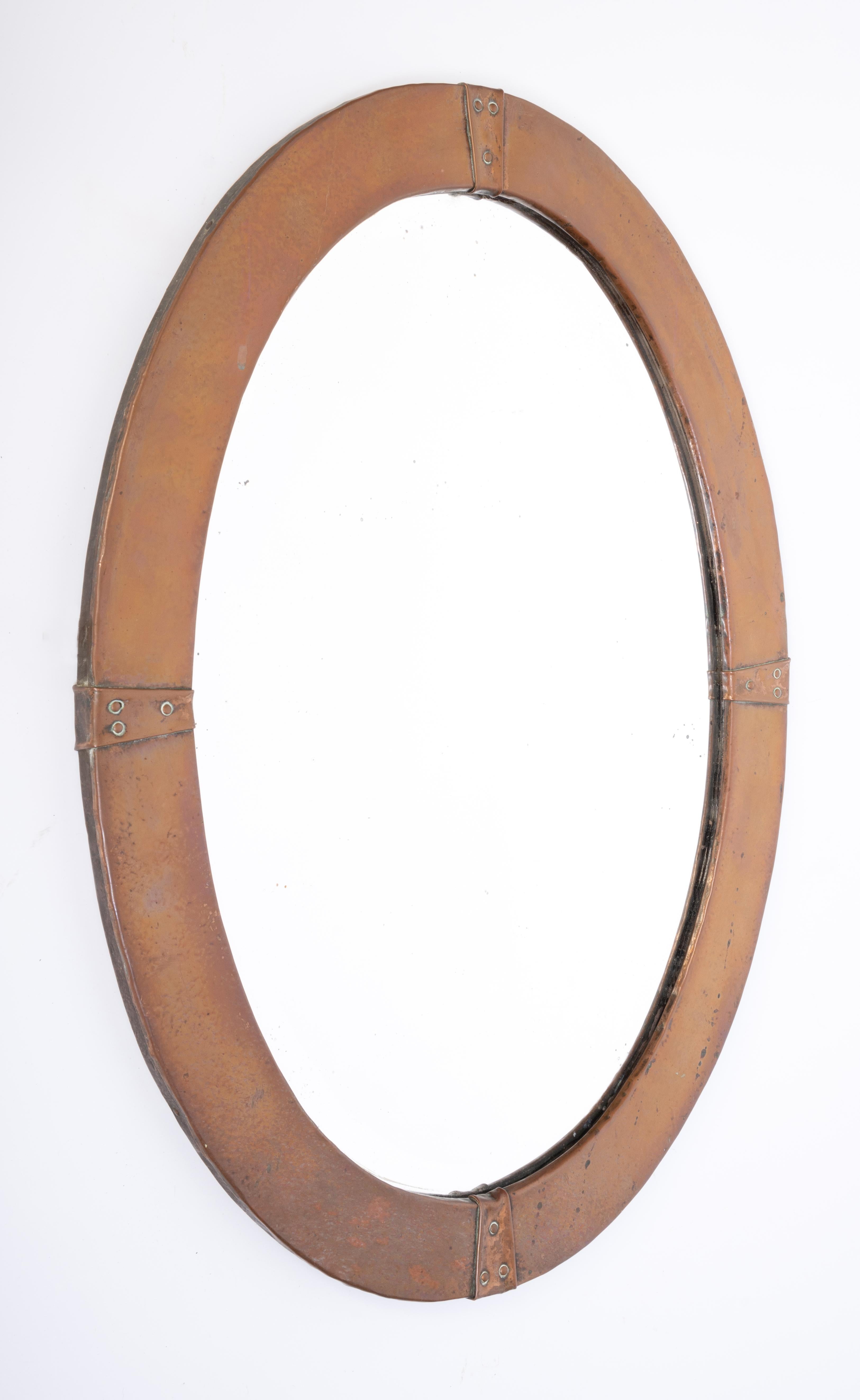 Early 20th Century Antique English Arts And Crafts Oval Copper Mirror C.1900