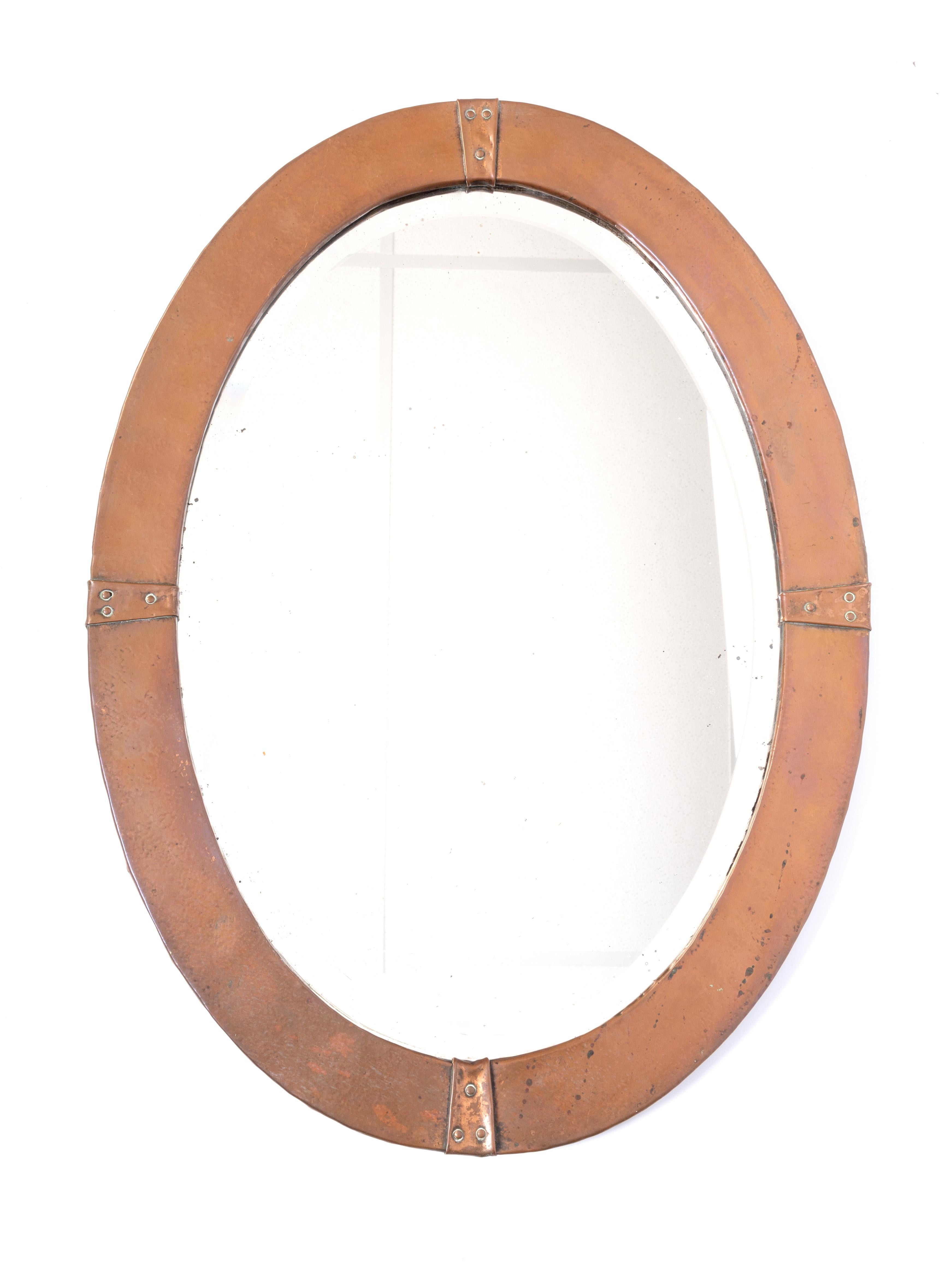 Antique English Arts And Crafts Oval Copper Mirror C.1900 1