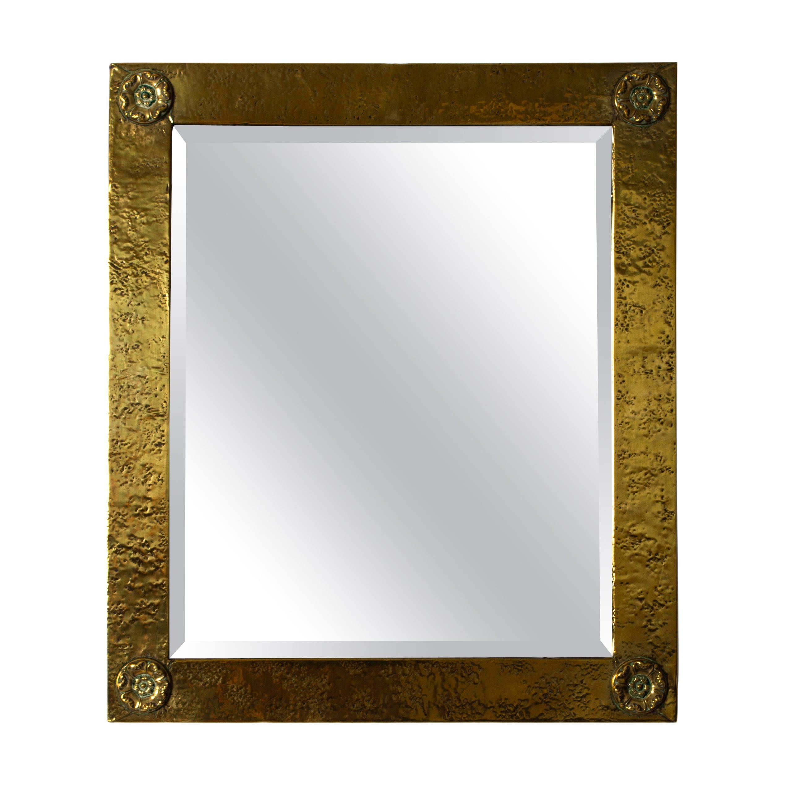 Ancien miroir anglais Arts and Crafts en laiton poli et or Liberty and Co London en vente