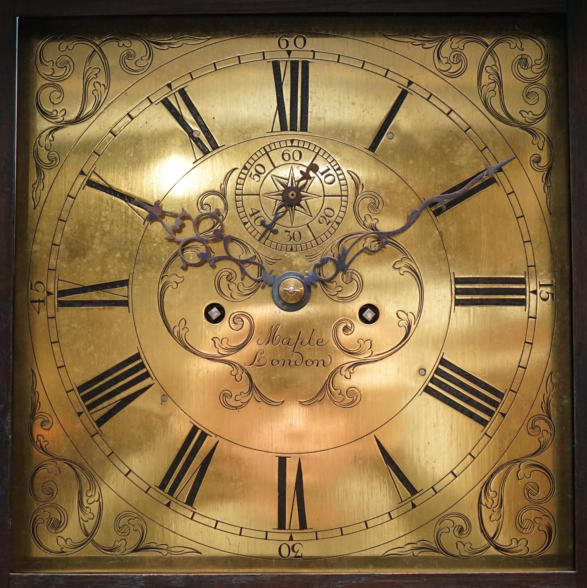 British ANTIQUE ENGLiSH ARTS & CRAFTS 8 DAY LONGCASE GRANDFATER CLOCK BY MAPLE LONDON For Sale