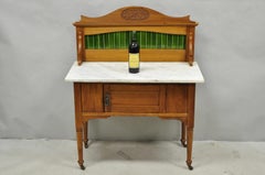Antique English Arts & Crafts Birch Wood Green Tile Backsplash Washstand Server