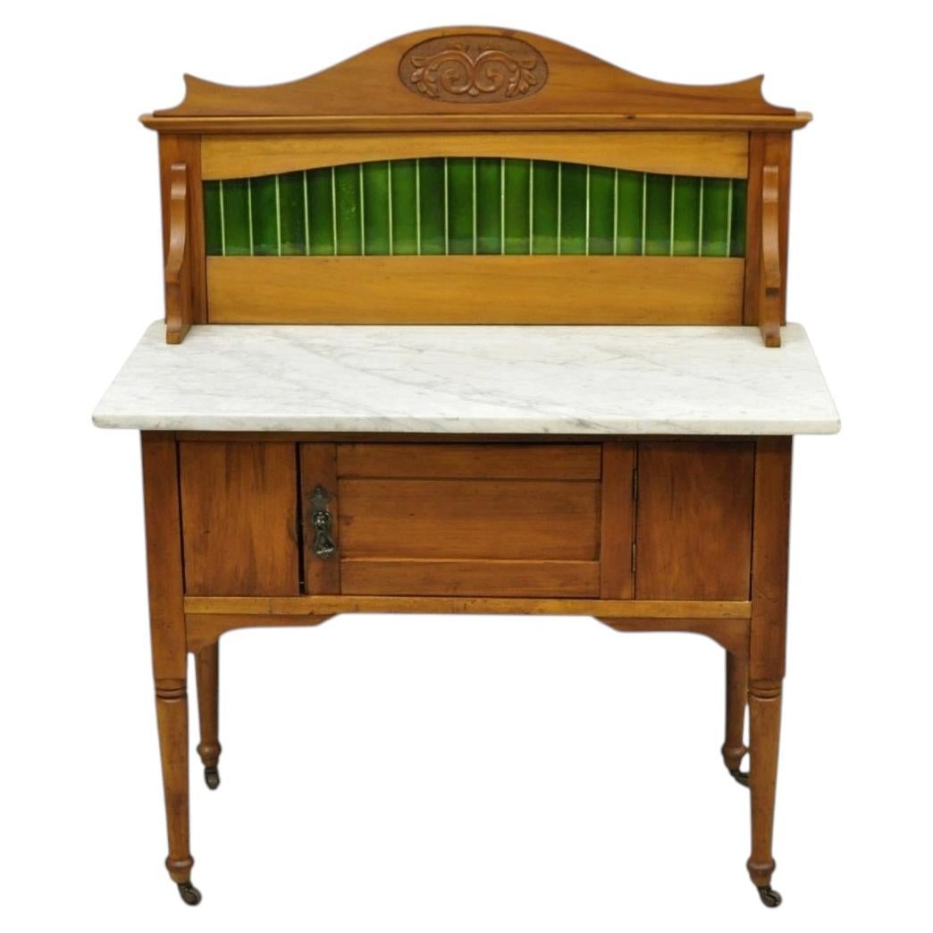Antique English Arts & Crafts Birch Wood Green Tile Backsplash Washstand Server For Sale
