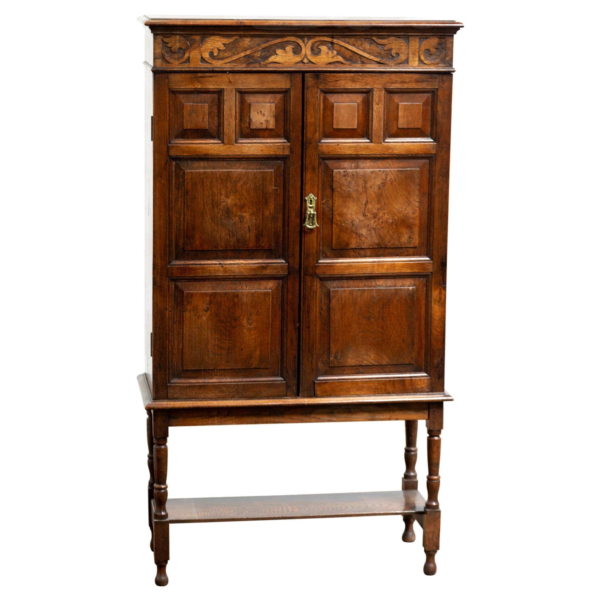 Antique English Arts & Crafts Burr or Pollard Oak Cabinet on Stand