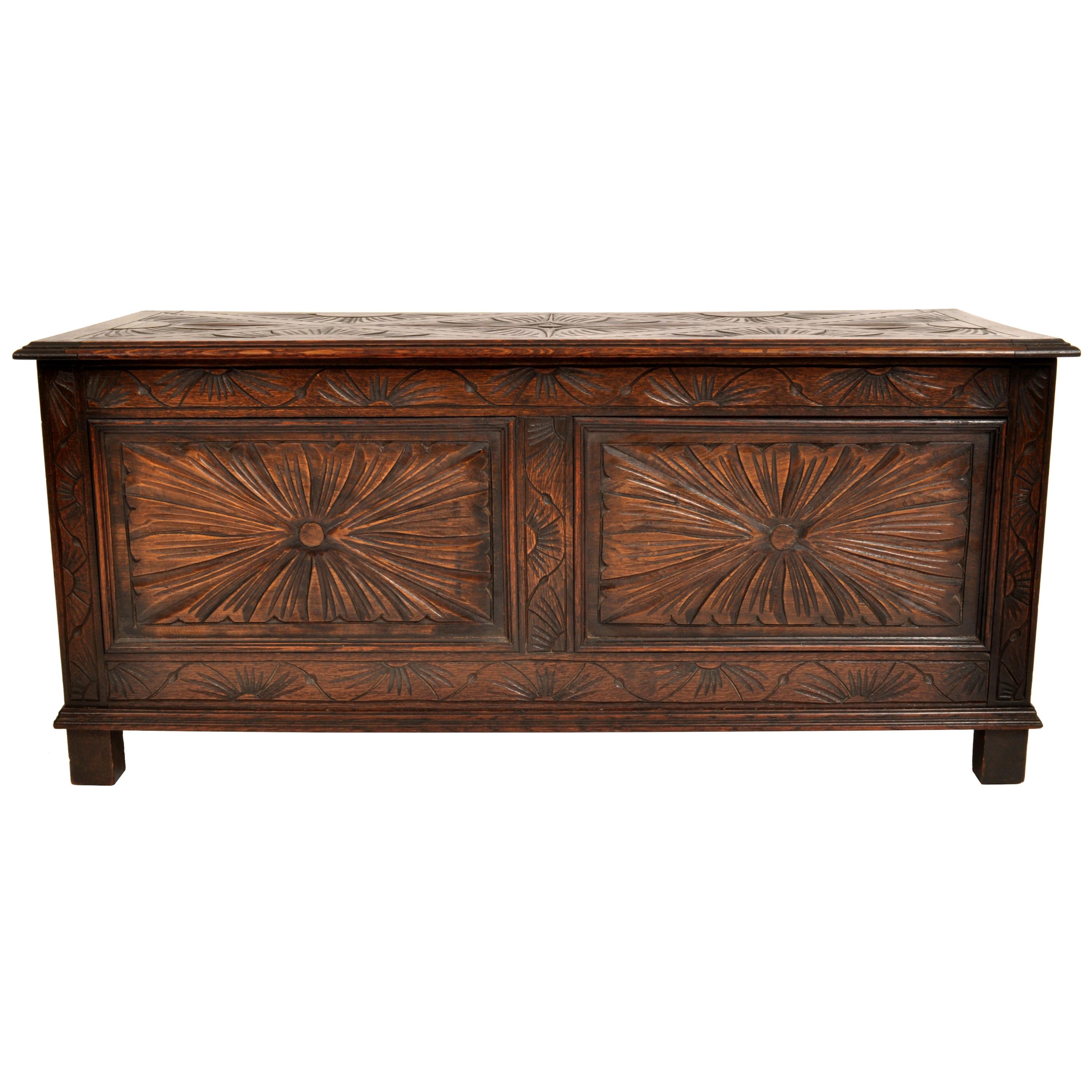 Early 20th Century Antique English Arts & Crafts Carved Oak Coffer Blanket Chest Window Seat 1900 For Sale