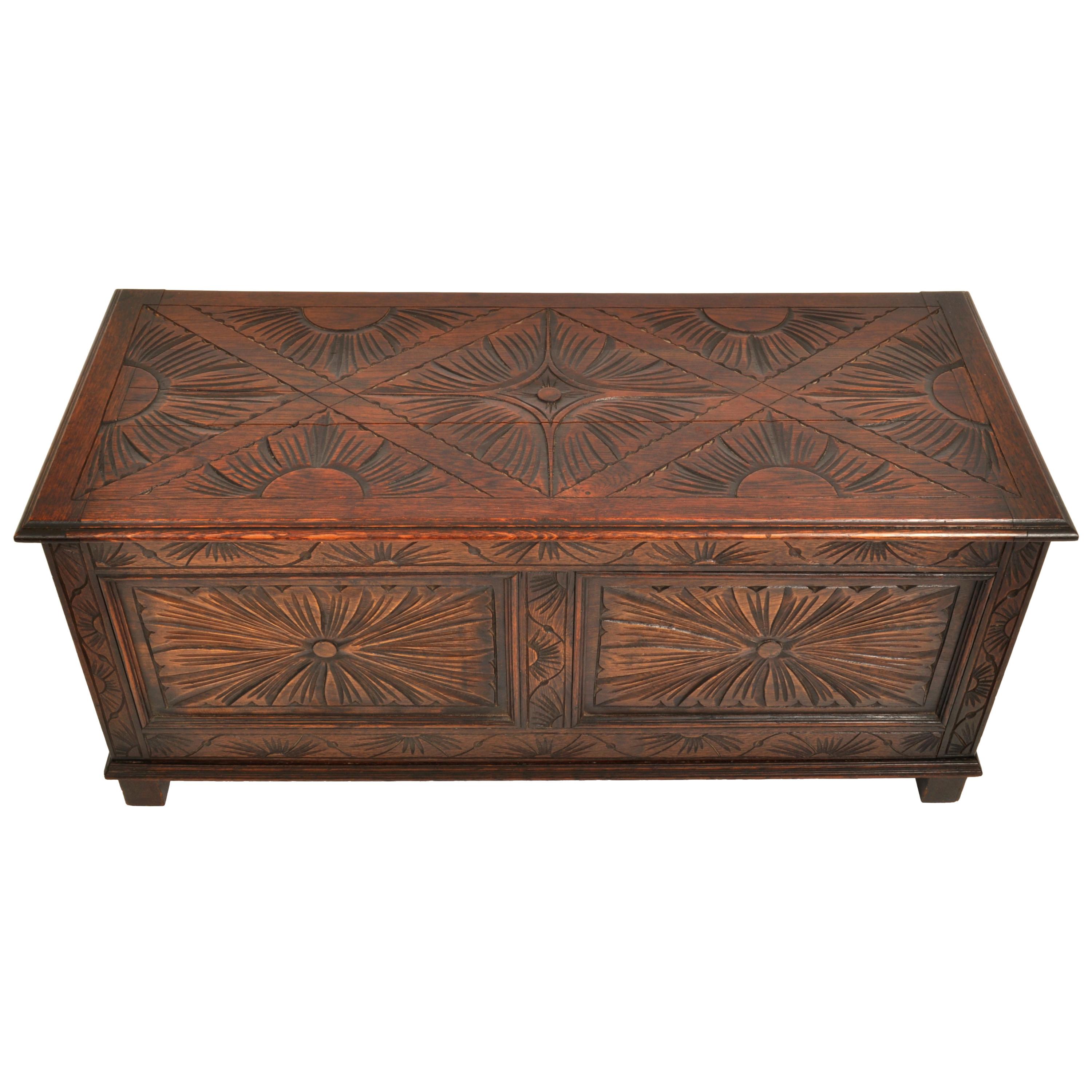 Antique English Arts & Crafts Carved Oak Coffer Blanket Chest Window Seat 1900 1
